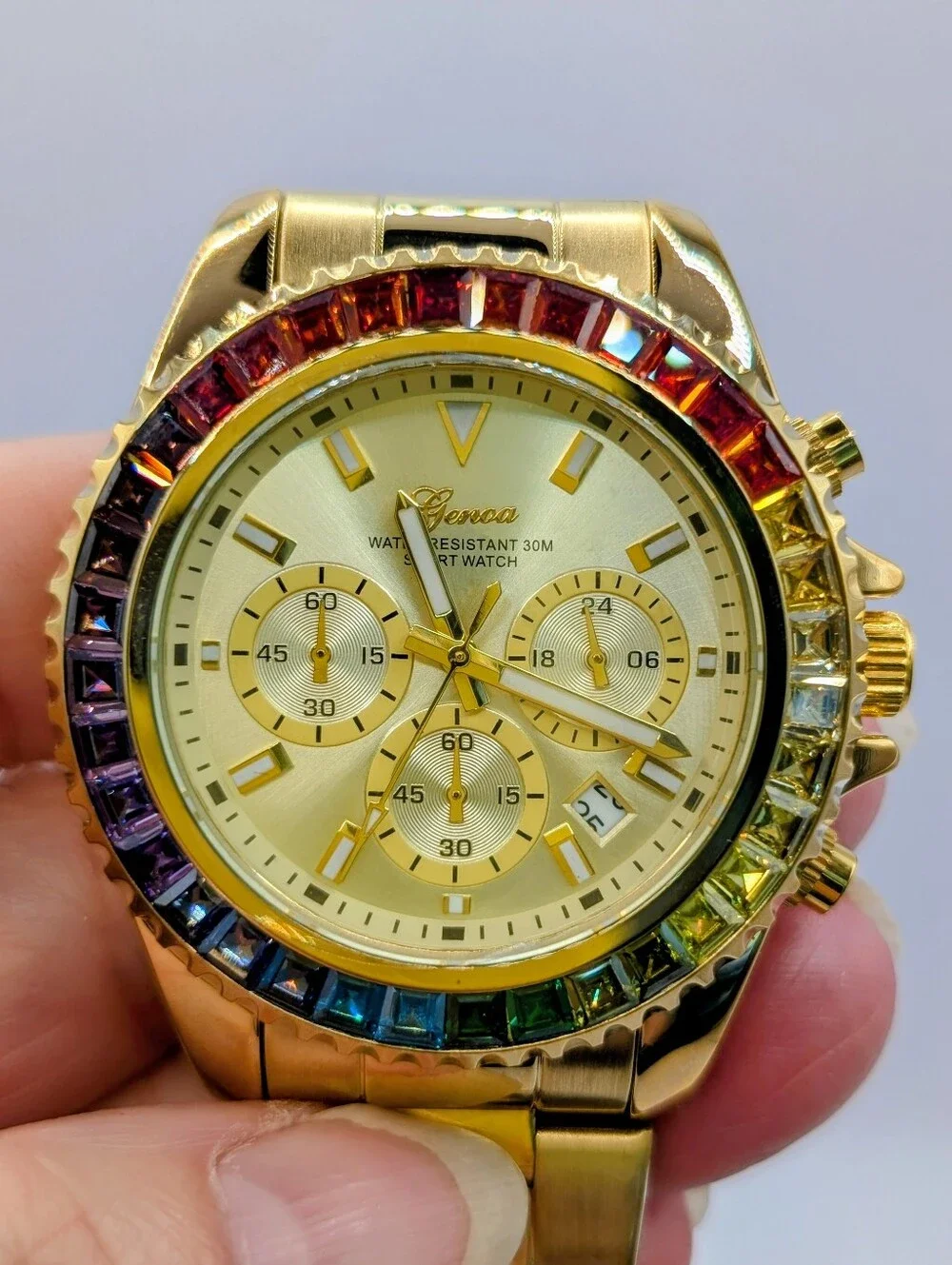 Genoa Gold Men's Stainless Steel Sports Watch with Rainbow Crystal Bezel